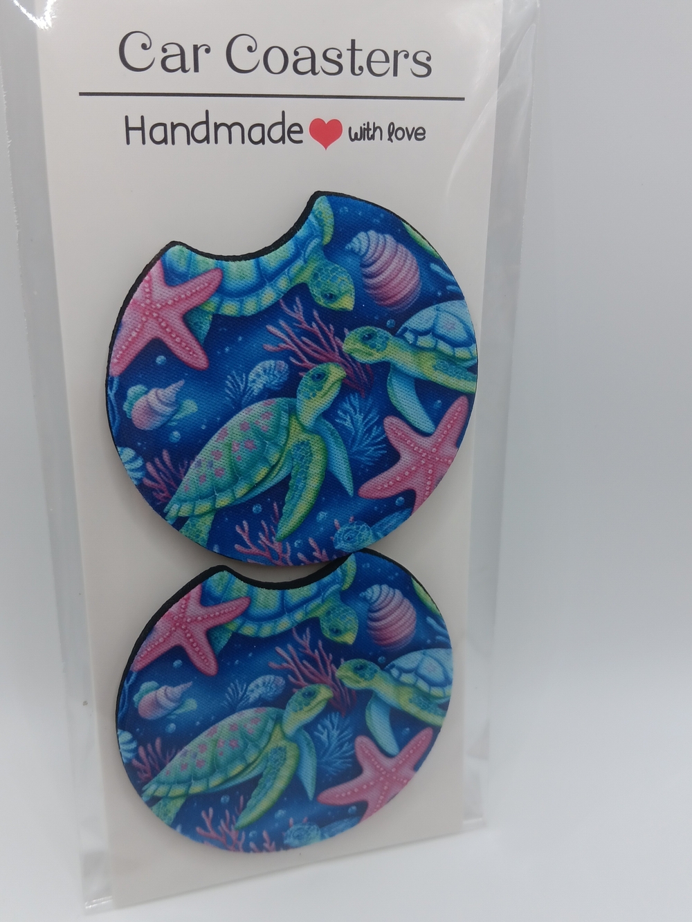 Sea Turtle Car Coasters - Blue & Green with Pink Accents